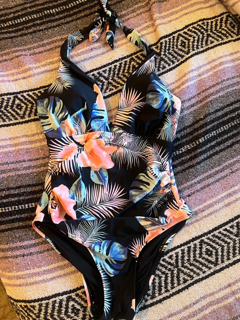 Girls' Black Tropical One-Piece Swimsuit with Pink & Blue Floral Print